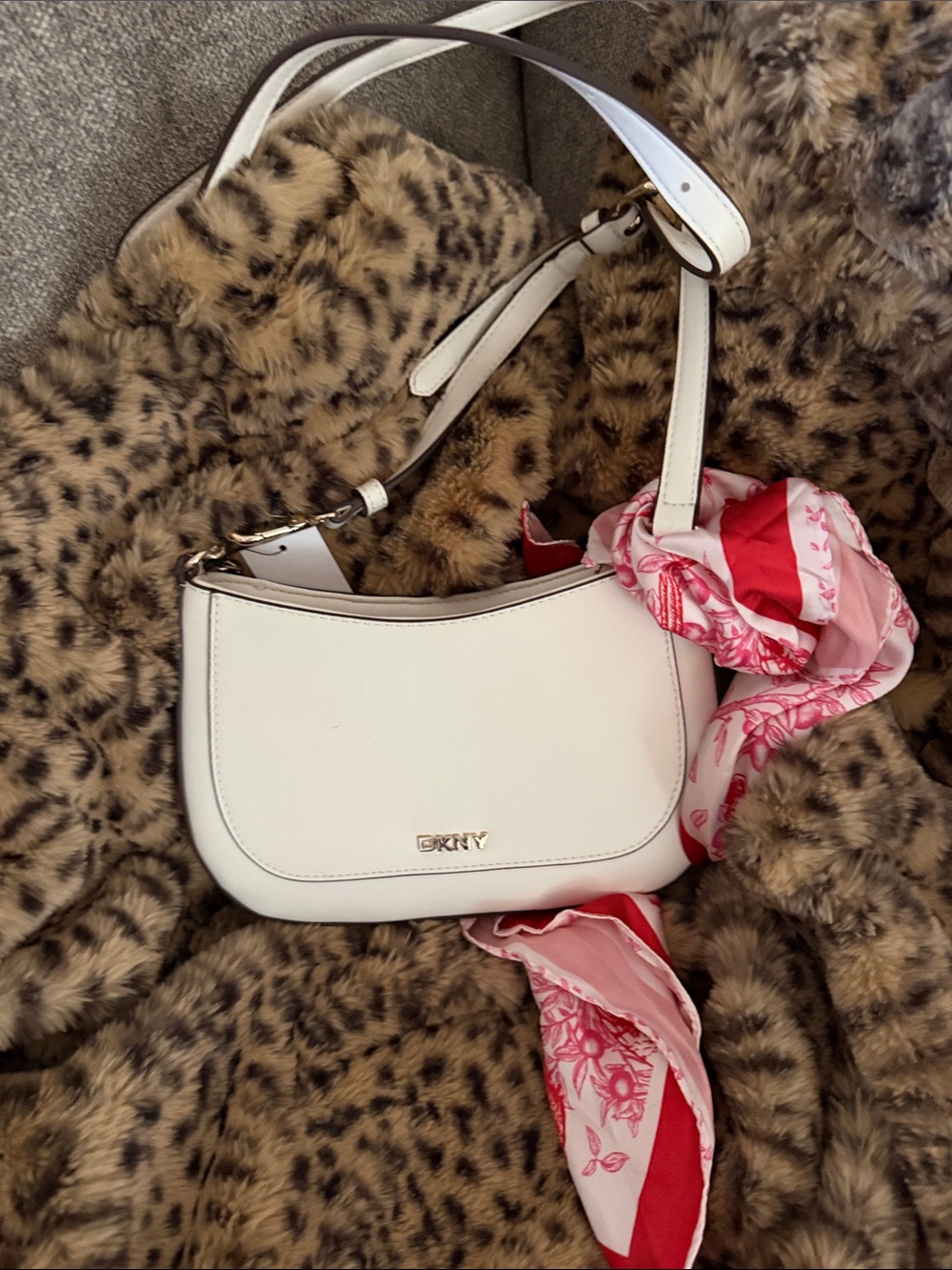 DKNY White Leather Shoulder Bag with Pink Scarf Accent
